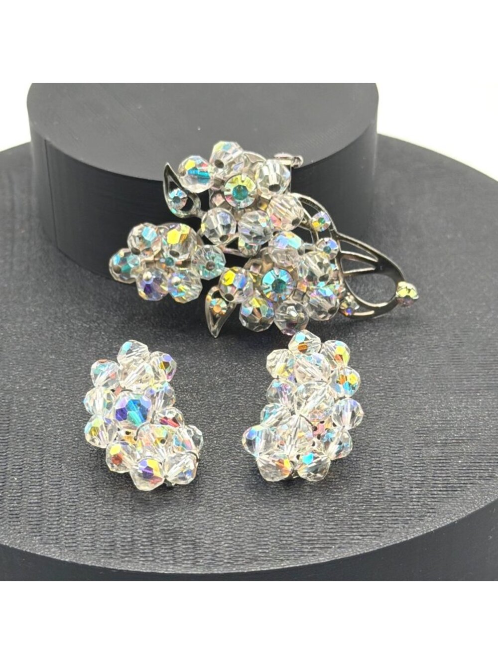 Aurora Borealis Crystal Brooch Earring Set MCM Rainbow Iridescent Silver 50s VTG